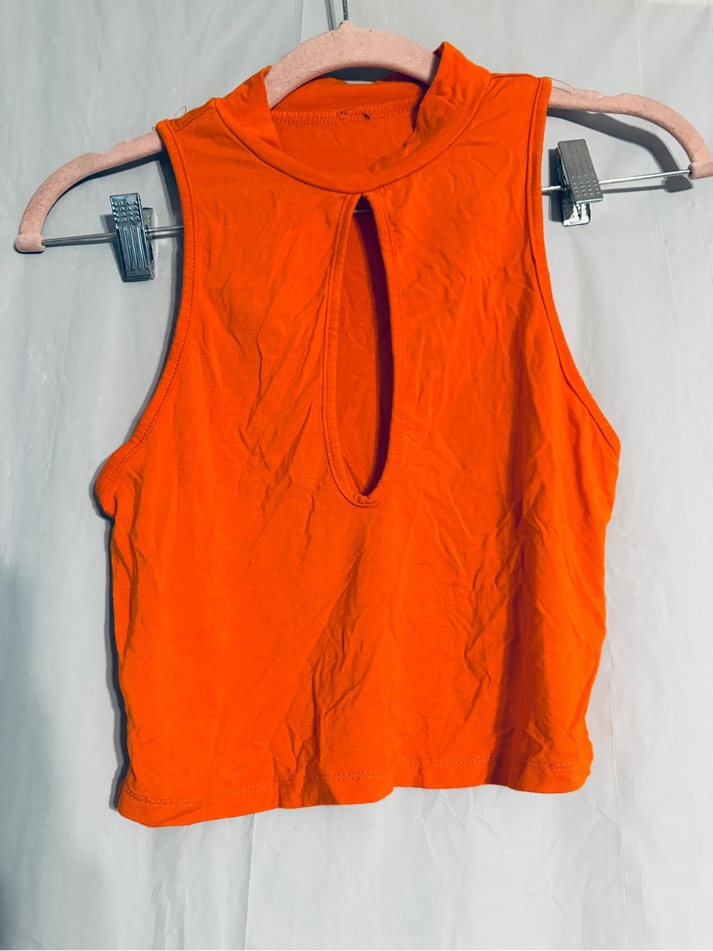 Women’s Bright Orange Sleeveless Crop Top Mock Neck Keyhole Cutout